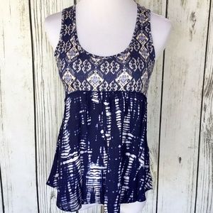 Living Doll Navy Blue Mixed Print Ikat Tie Dye Top